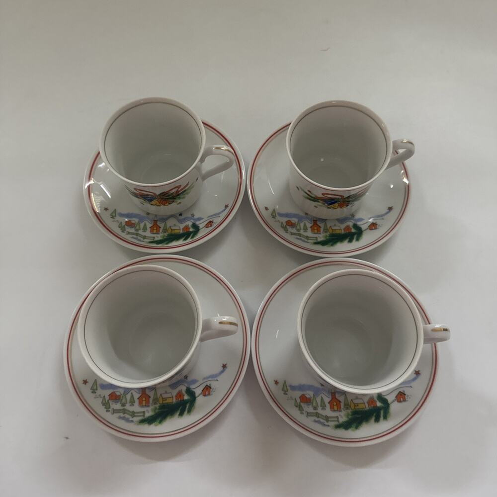 Vintage 4pc Set Salem China Christmas Eve Teacups and Saucers Holiday Dinnerware - Picture 2 of 10